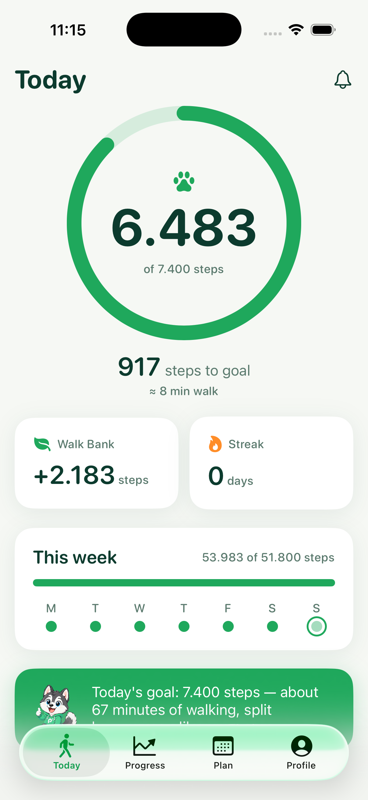 Pace Today screen with personal daily goal