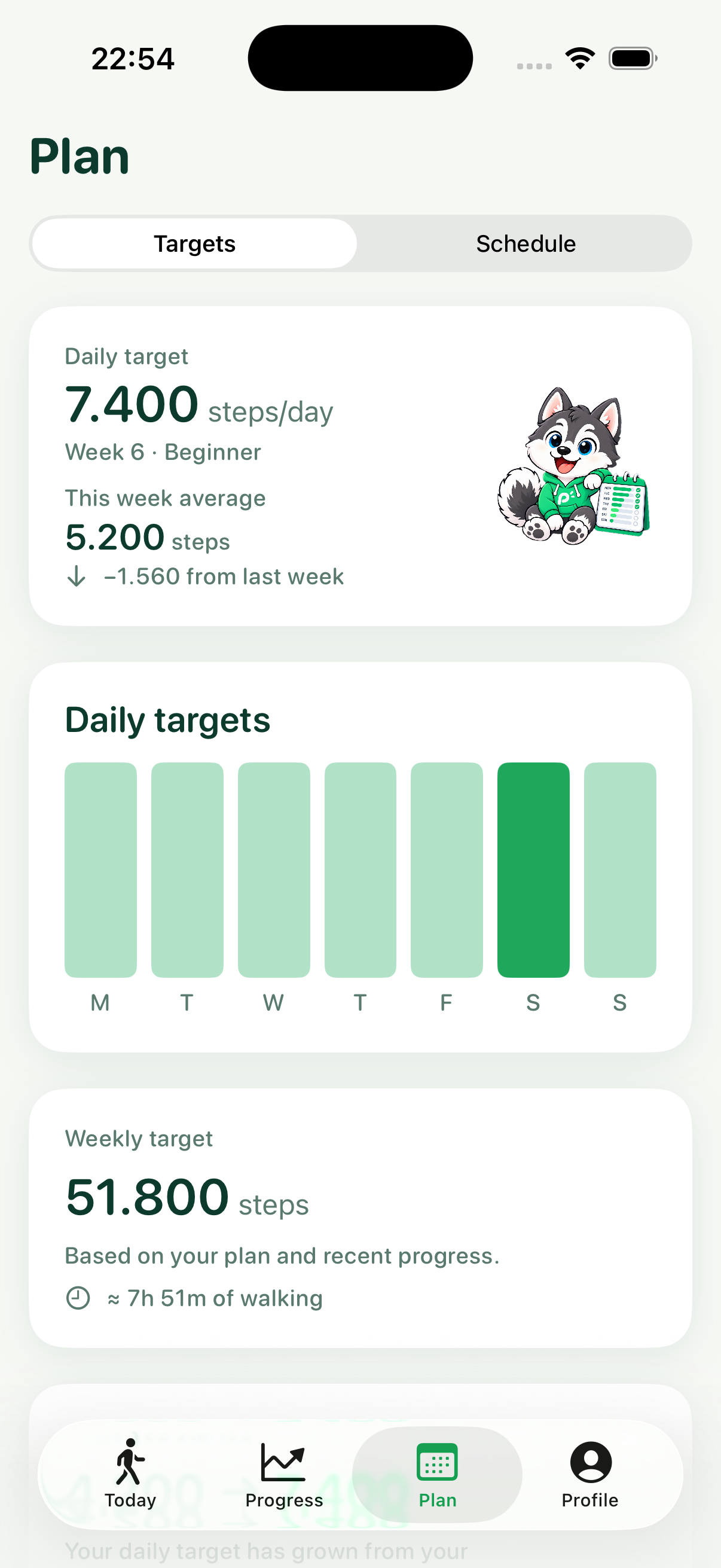 Pace Plan screen with weekly targets
